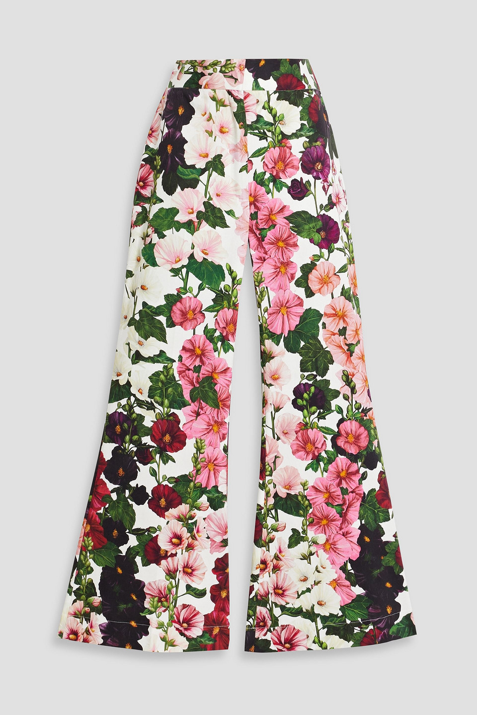 Shop Oscar De La Renta Cropped Floral-print Cotton-blend Twill Flared Pants In Pink