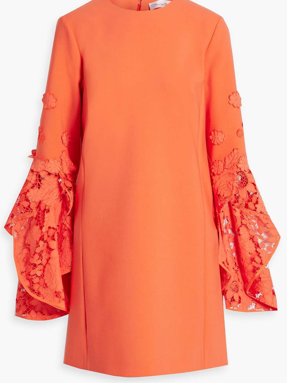 ruffled guipure lace-paneled wool-blend mini dress