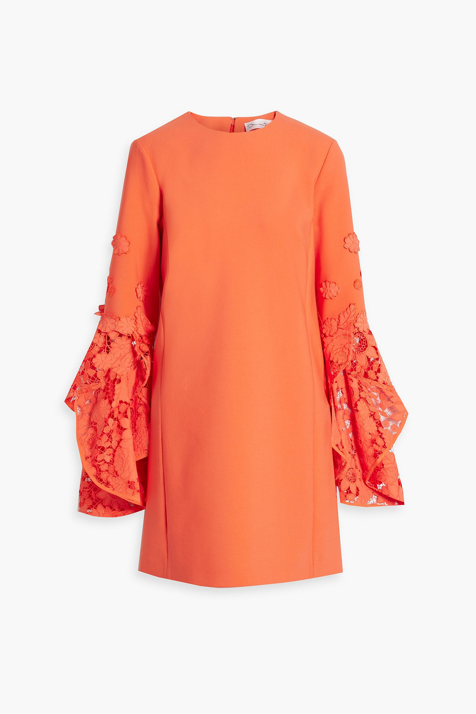 Oscar De La Renta Ruffled Guipure Lace-paneled Wool-blend Mini Dress In Bright Orange