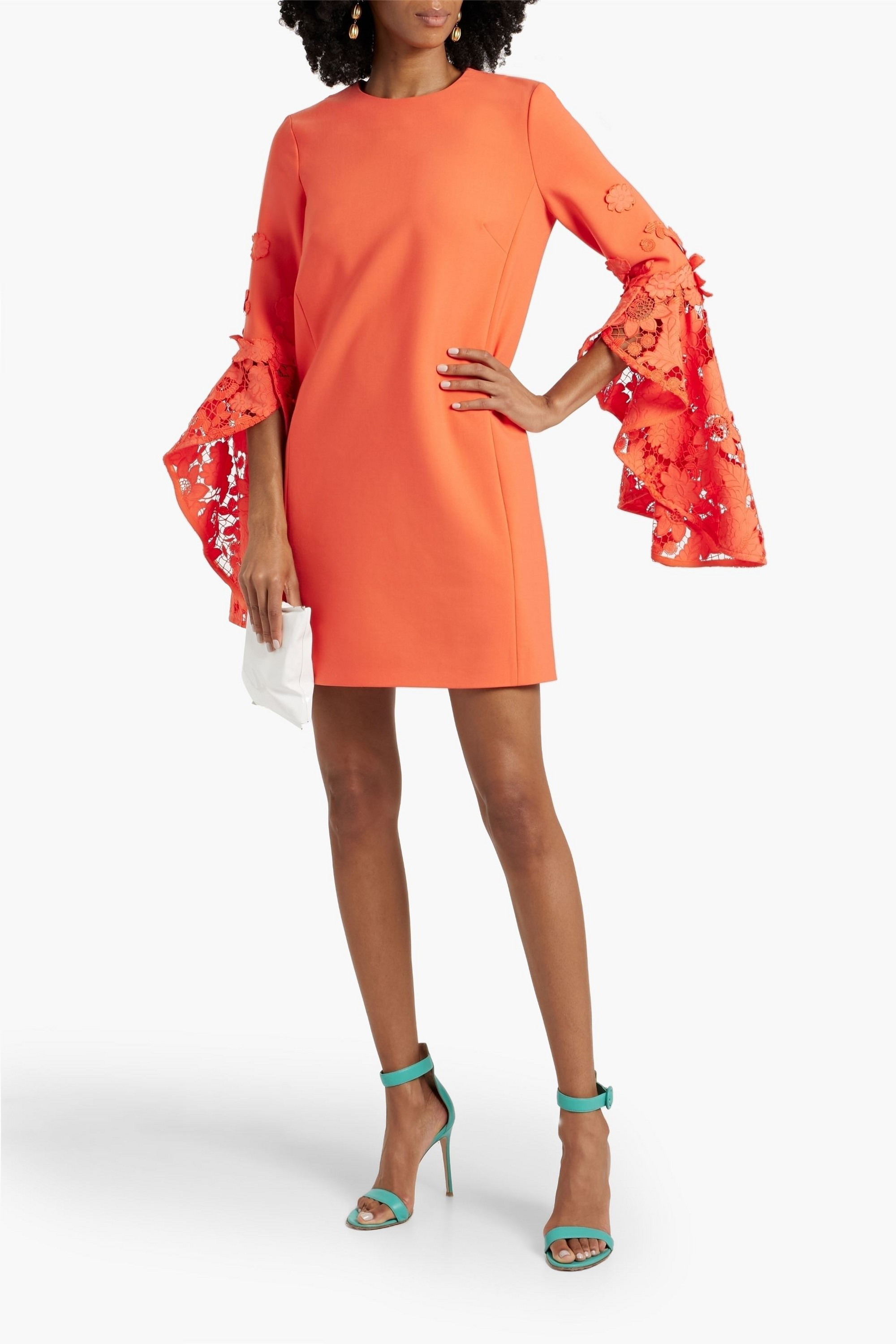 Oscar de la Renta Ruffled guipure lace-paneled wool-blend mini dress