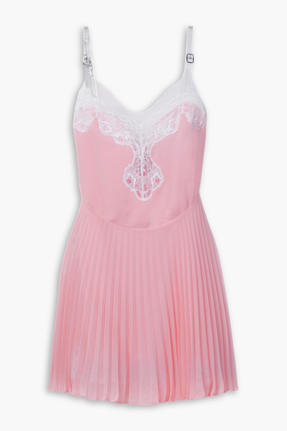 Christopher Kane Be Mine Pu And Lace-trimmed Pleated Crepe De Chine Mini Dress In Pink