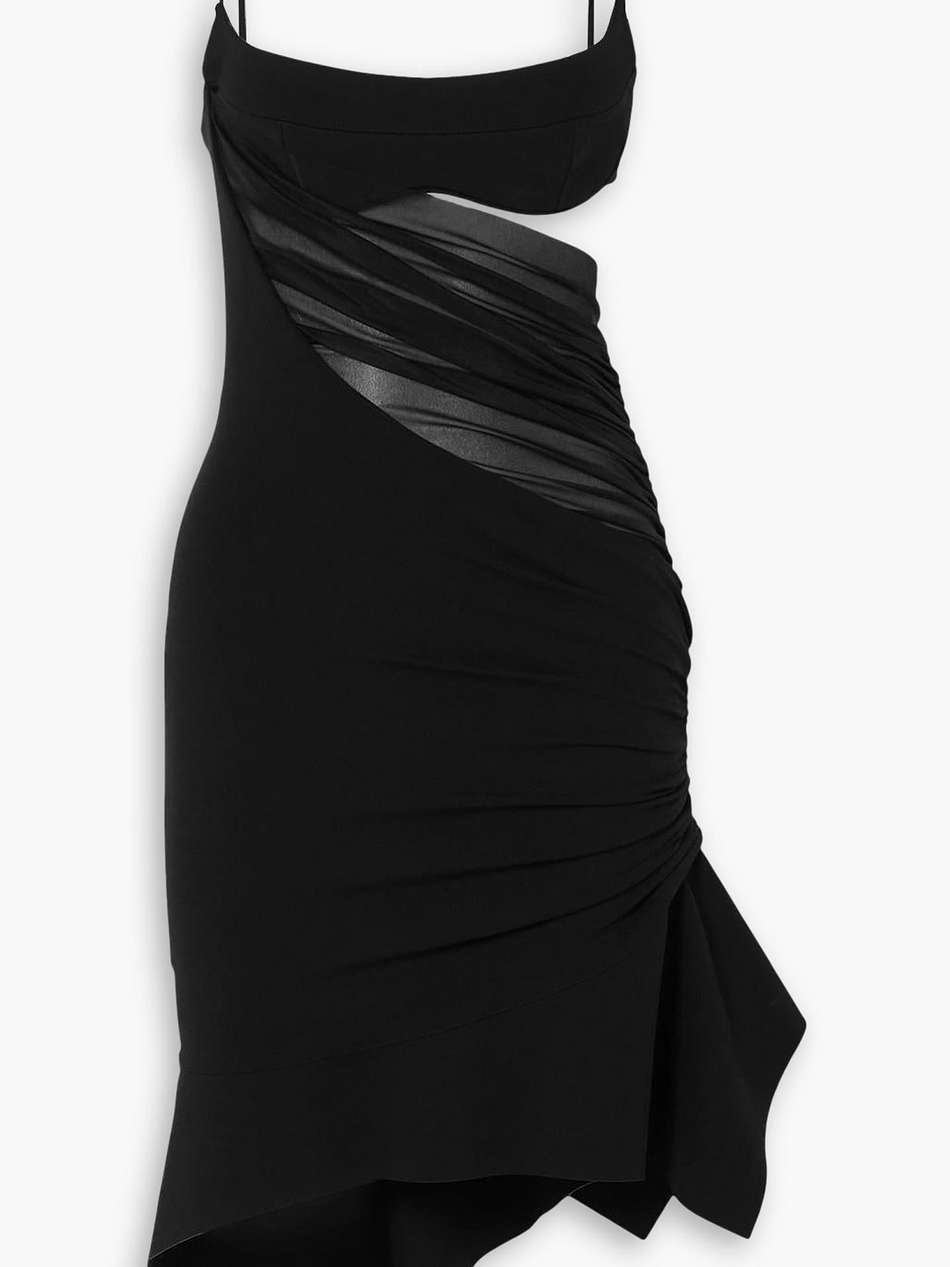 asymmetric cutout tulle-paneled stretch-jersey mini dress