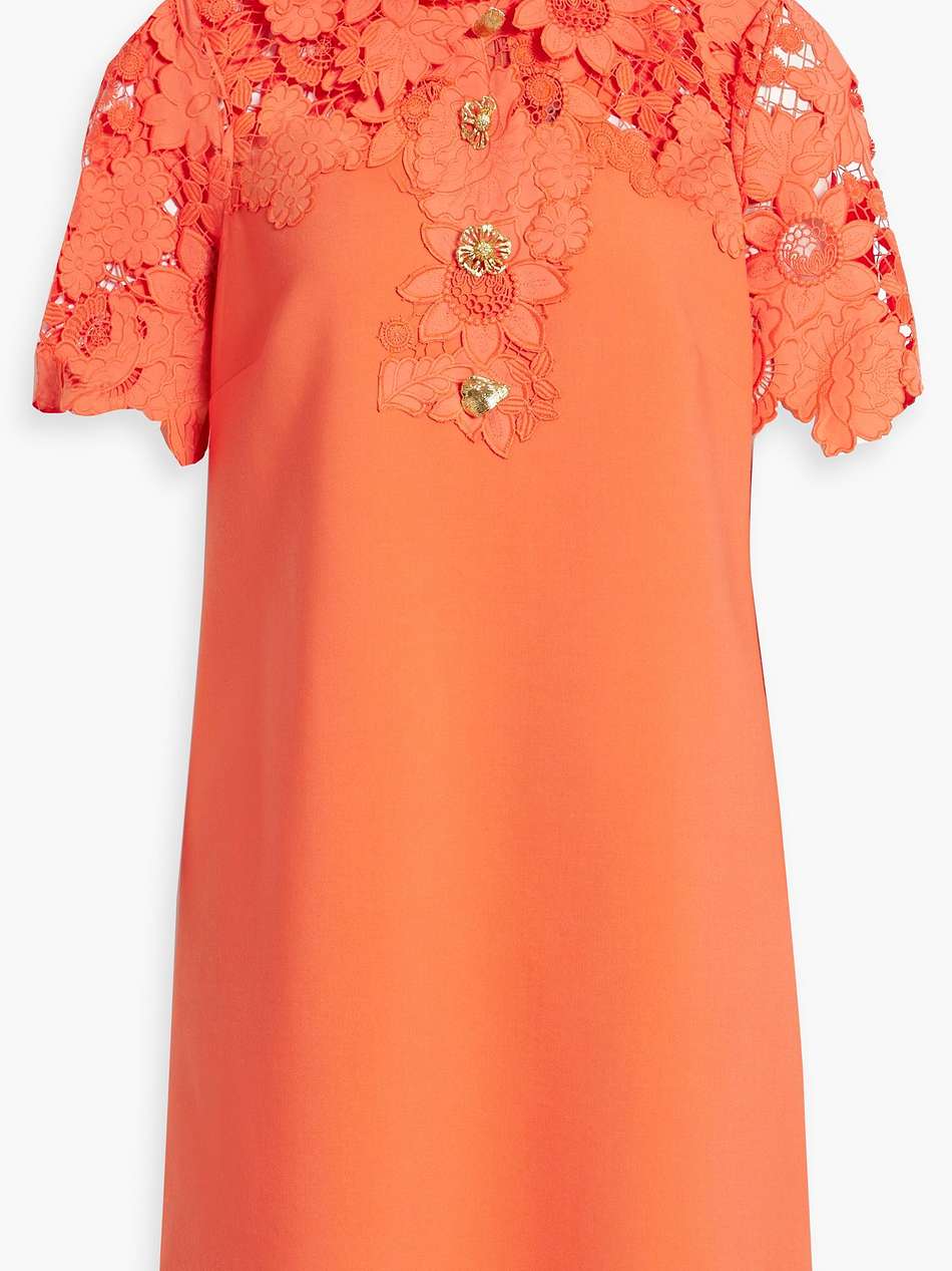 embellished guipure lace-paneled wool-blend mini dress