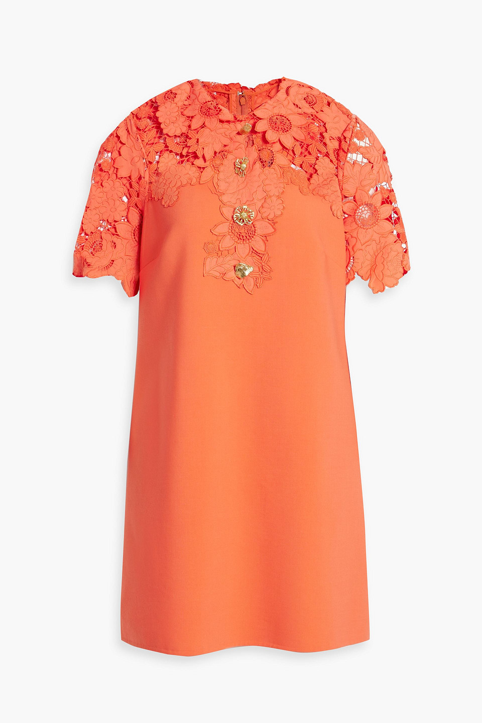 Embellished guipure lace-paneled wool-blend mini dress