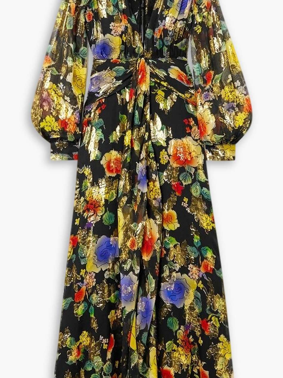 meera gathered floral-print metallic fil coupé silk-blend maxi dress