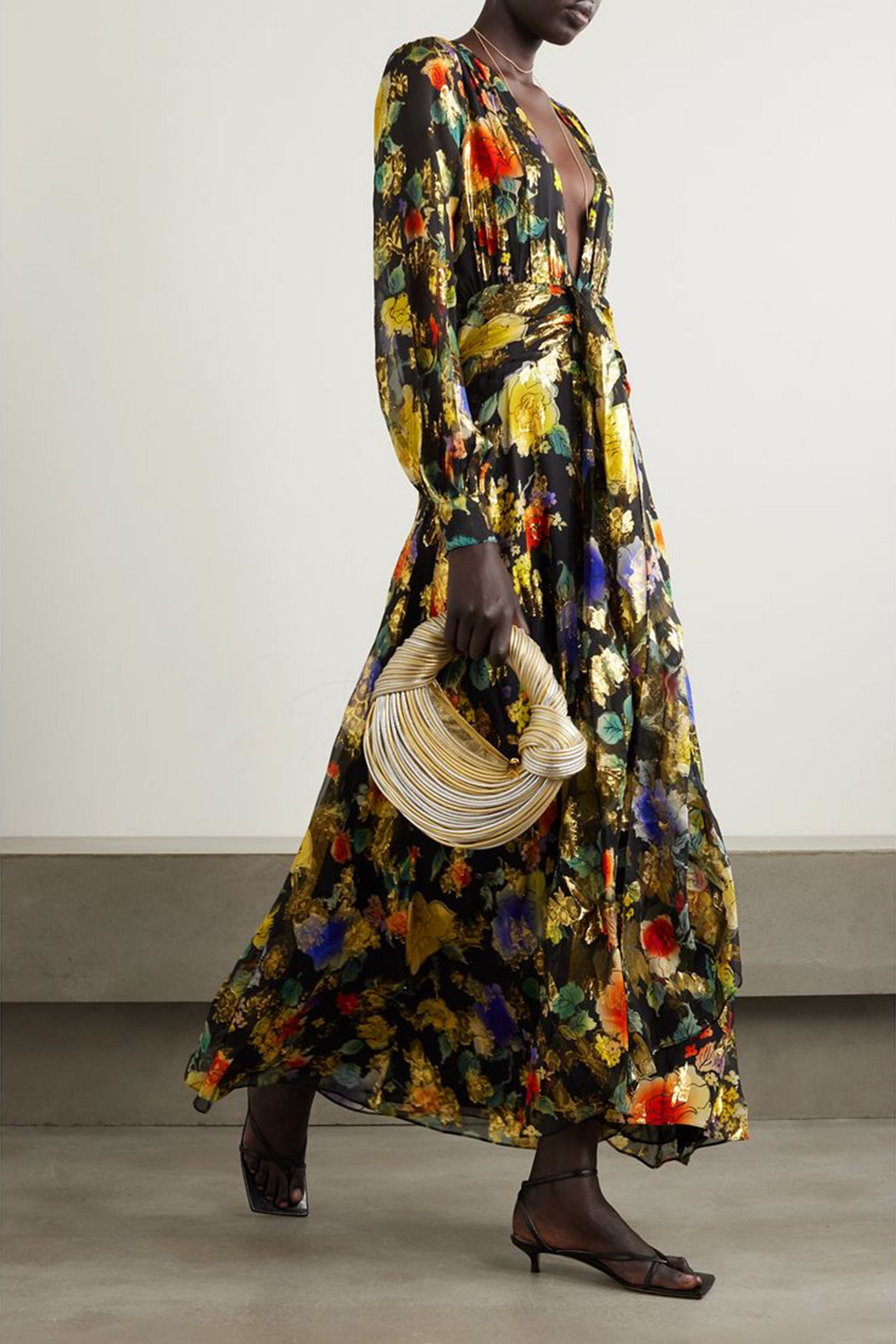 RIXO Meera gathered floral-print metallic fil coupé silk-blend maxi dress