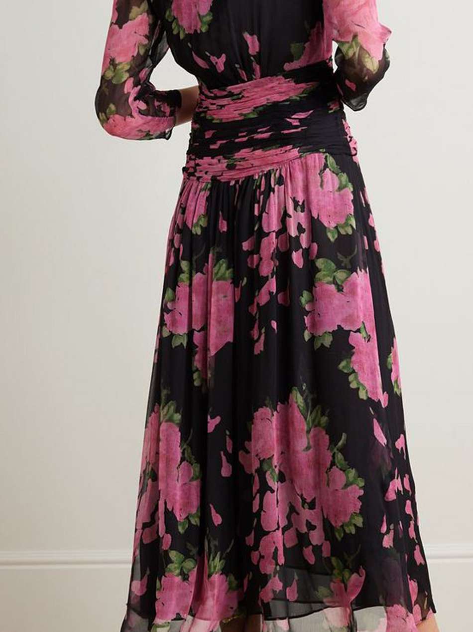 racquel ruched floral-print devoré-velvet midi dress