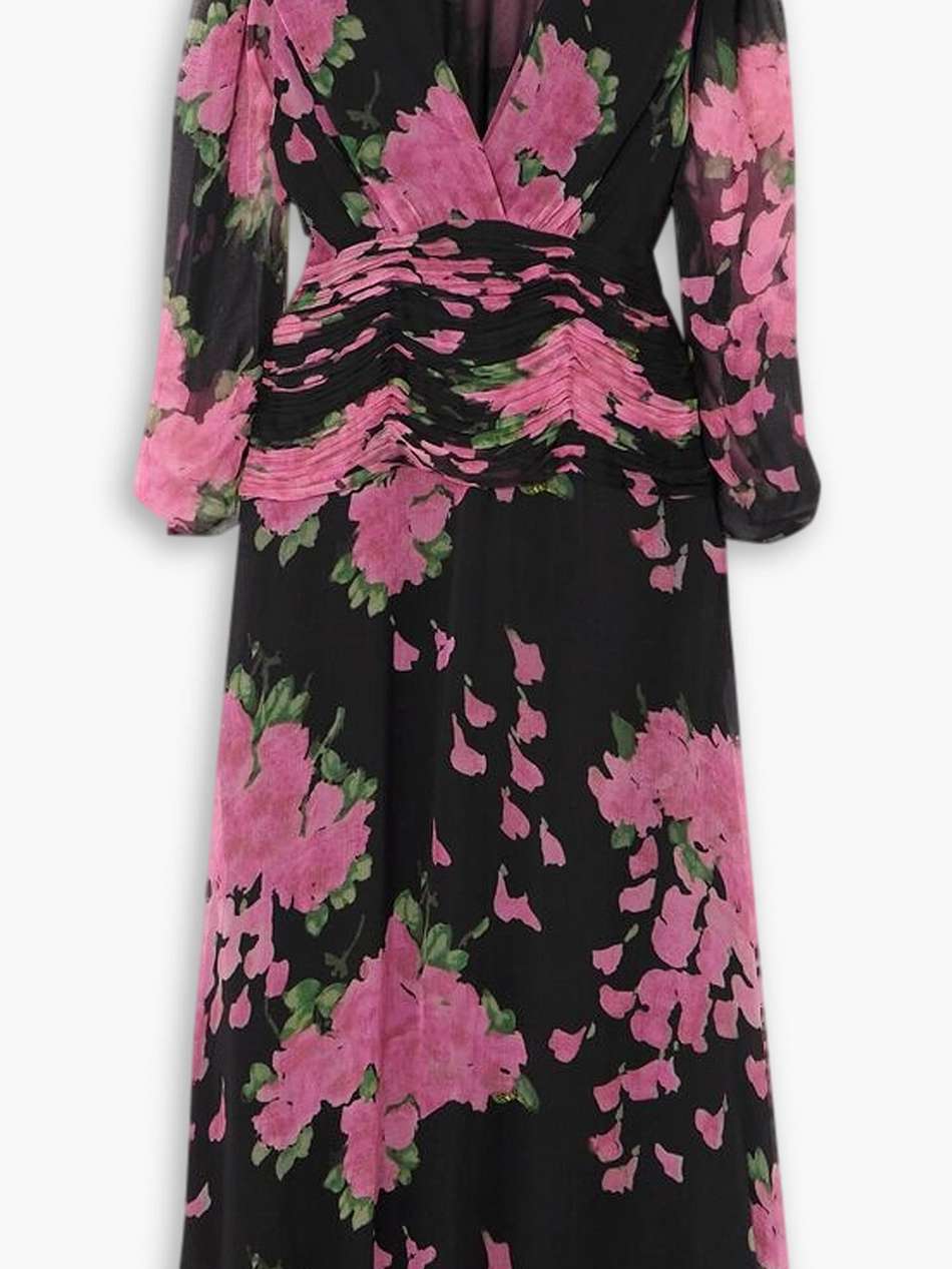 racquel ruched floral-print devoré-velvet midi dress