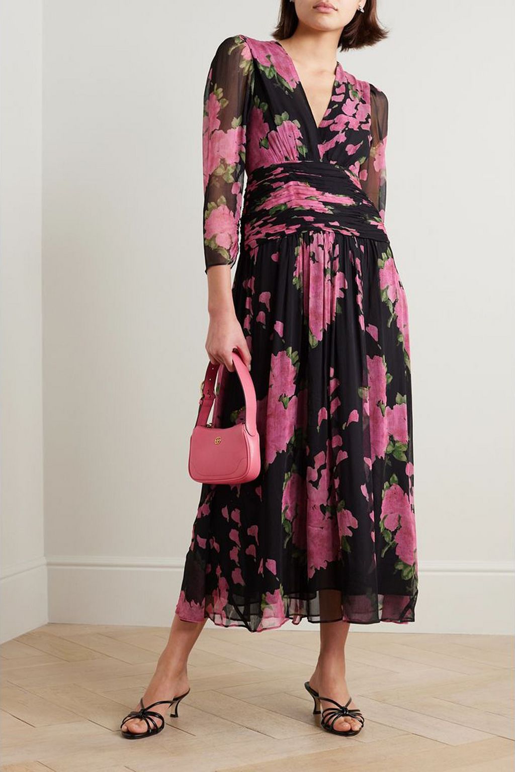 RIXO Racquel ruched floral-print devoré-velvet midi dress