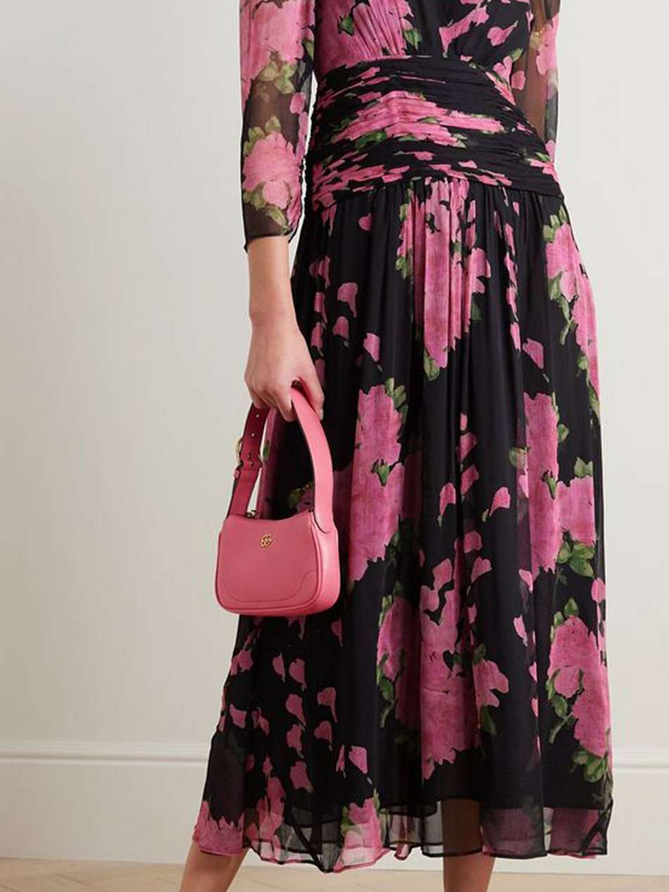 racquel ruched floral-print devoré-velvet midi dress