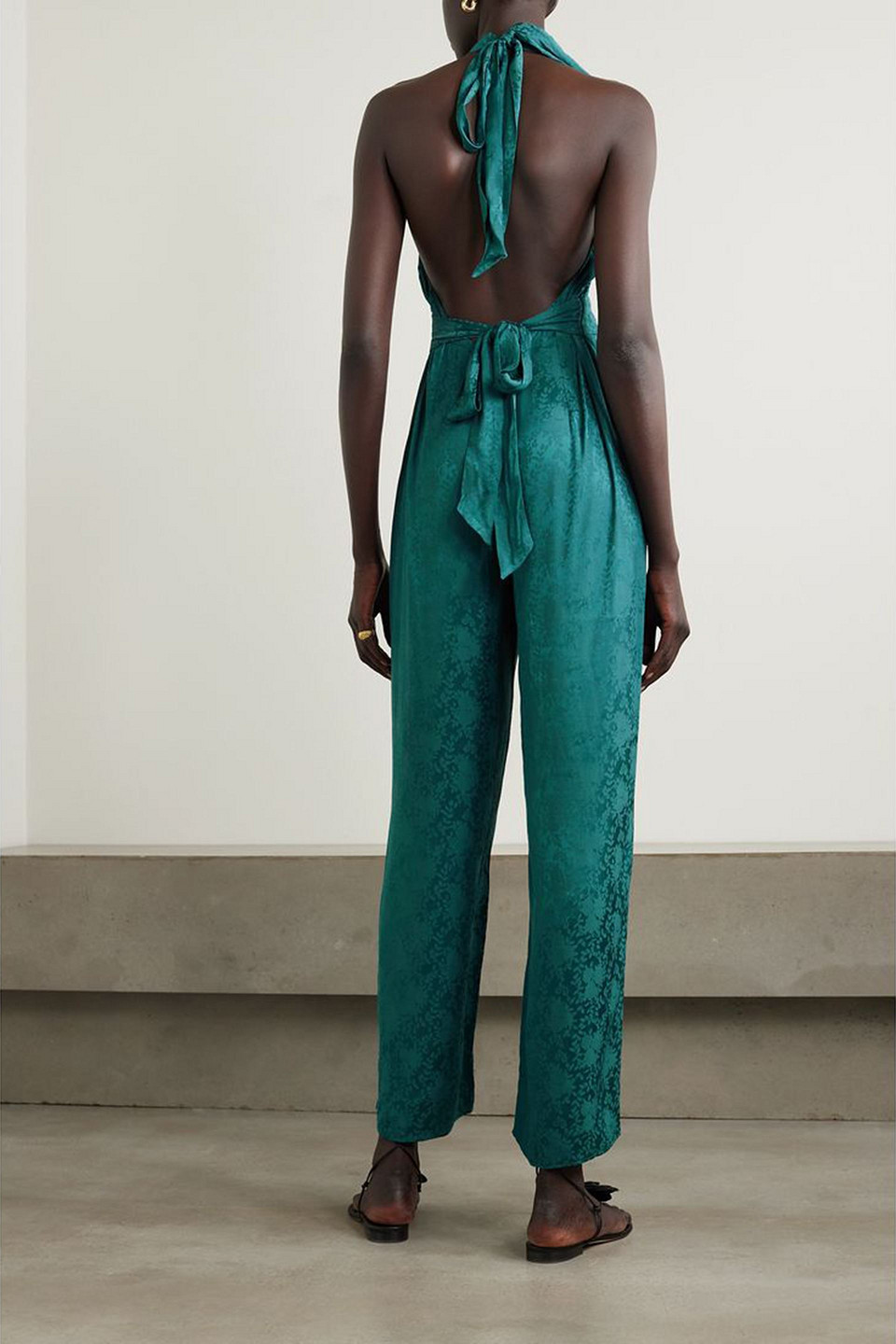 Shop Rixo London Rocky 2 Satin-jacquard Halterneck Jumpsuit In Forest Green