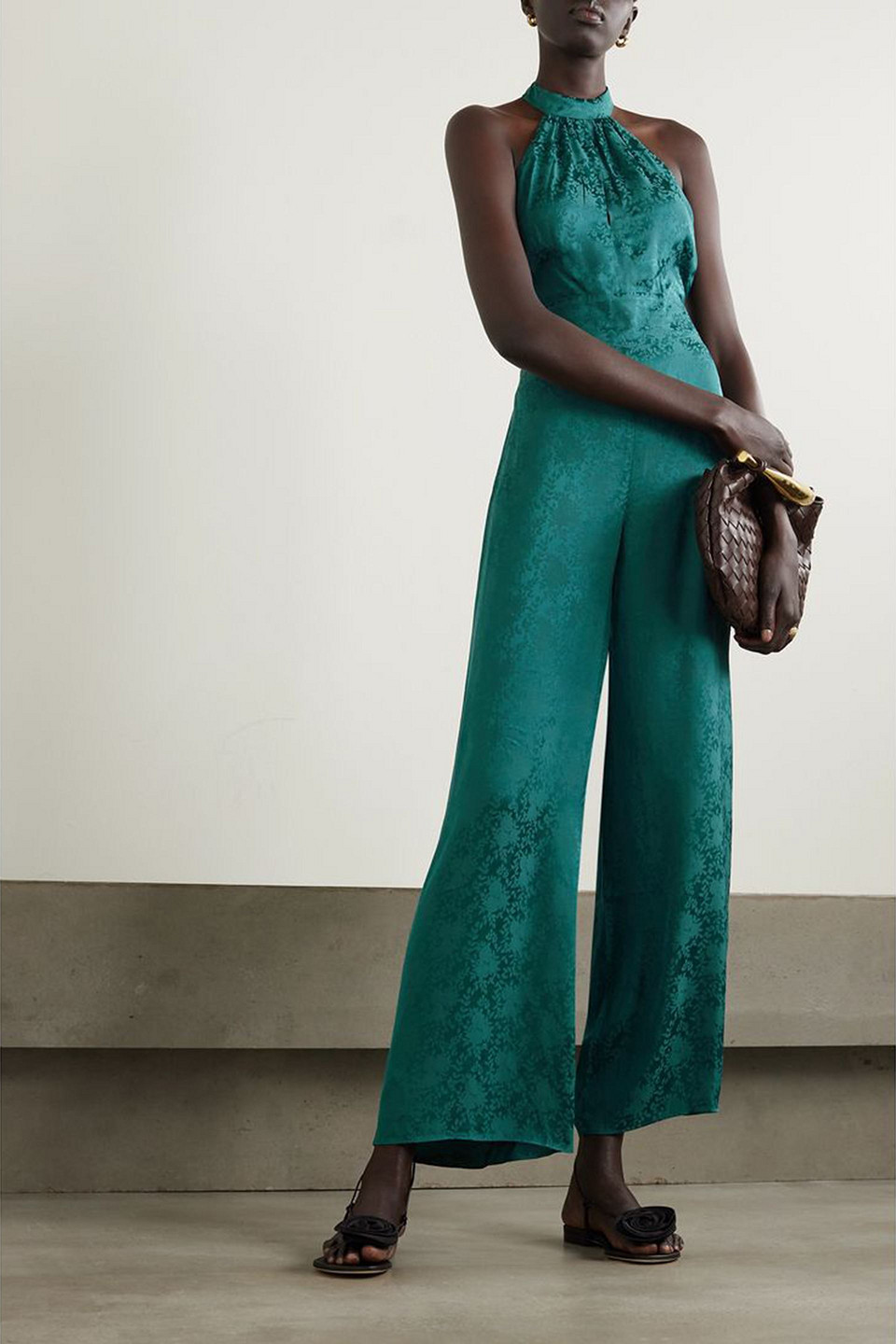Shop Rixo London Rocky 2 Satin-jacquard Halterneck Jumpsuit In Forest Green