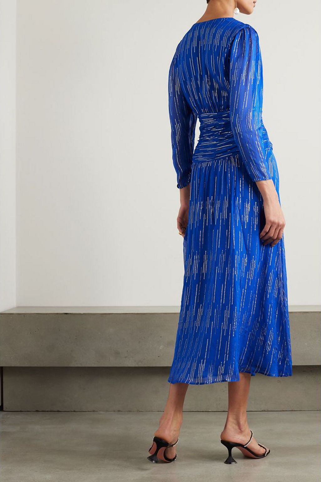 RIXO Racquel ruched metallic jacquard midi dress
