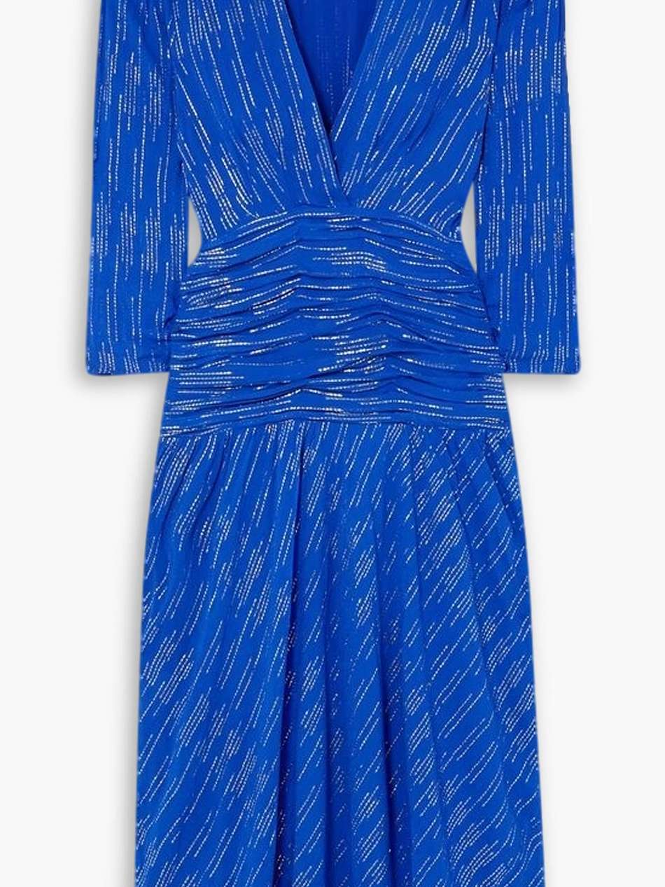 racquel ruched metallic jacquard midi dress