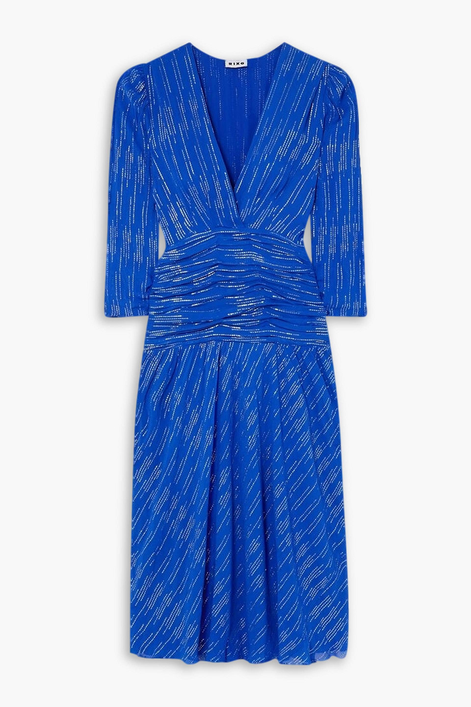 Rixo London Racquel Ruched Metallic Jacquard Midi Dress In Bright Blue