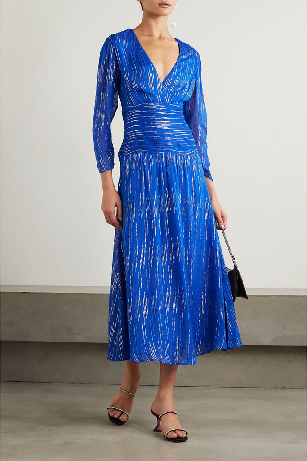 RIXO Racquel ruched metallic jacquard midi dress