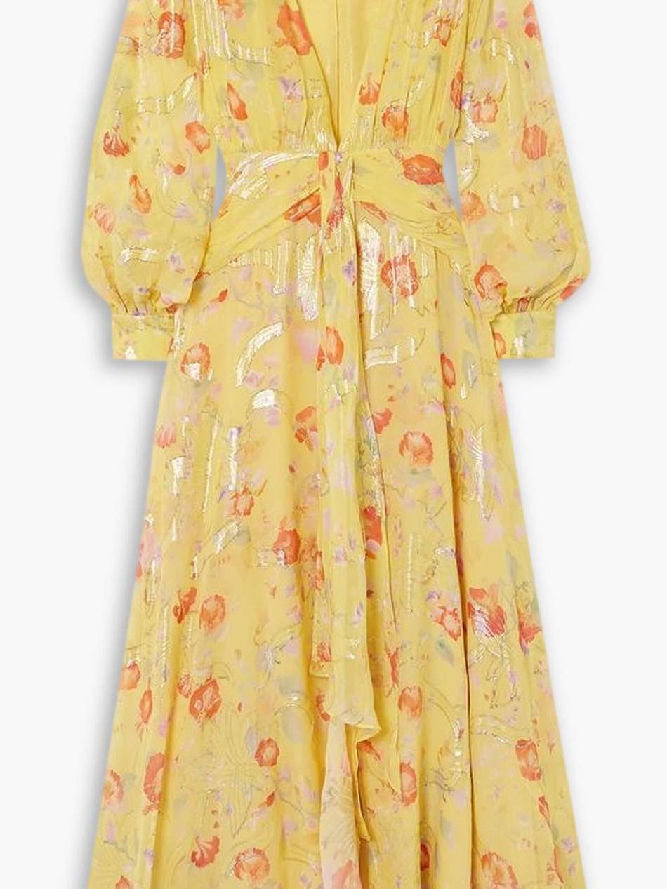 meera gathered floral-print metallic fil coupé silk-blend maxi dress