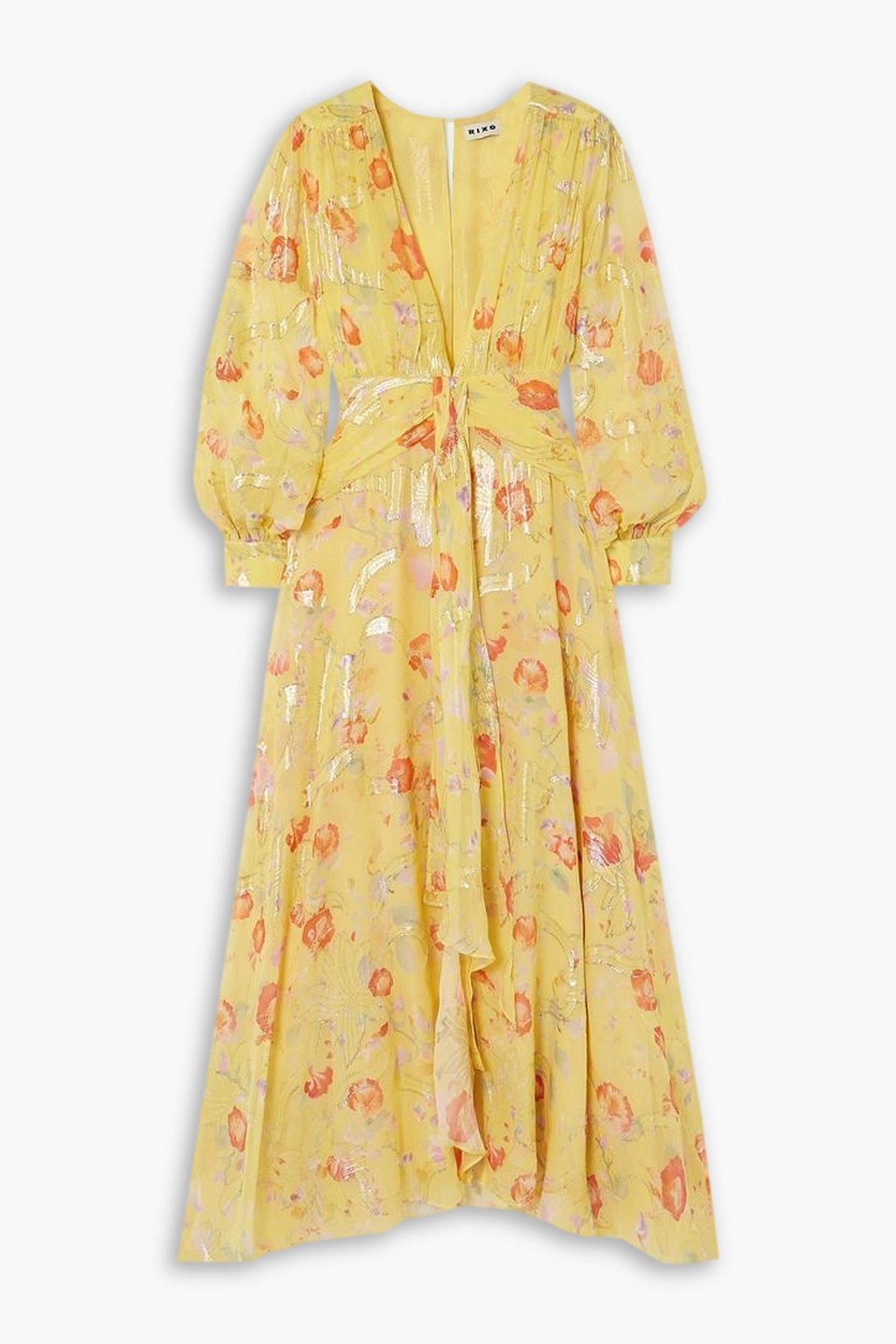 Rixo London Meera Gathered Floral-print Metallic Fil Coupé Silk-blend Maxi Dress In Yellow