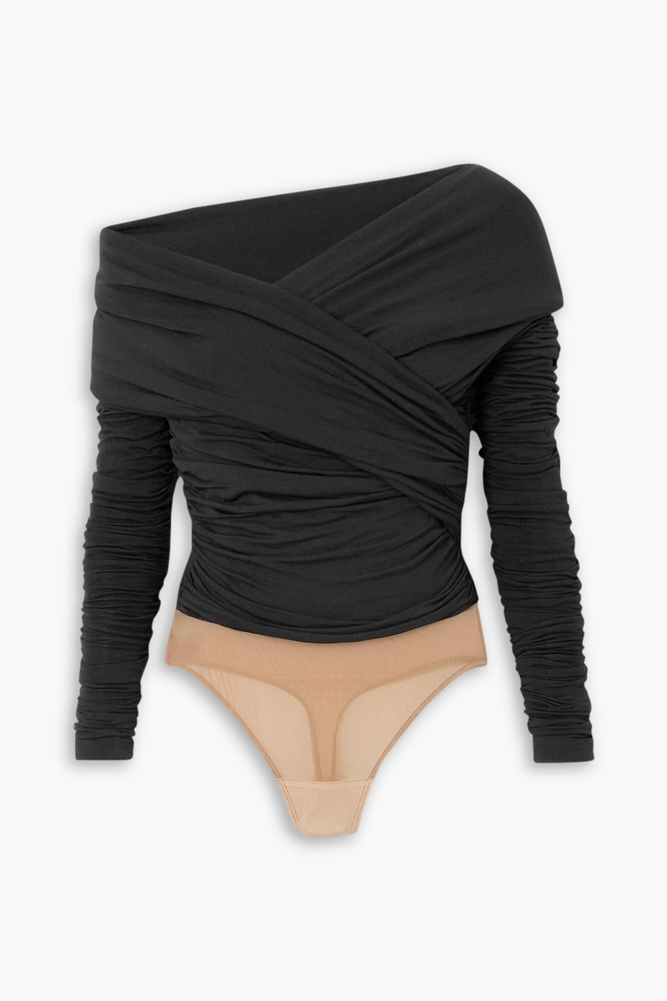 Sergio Hudson Ruched Mesh-trimmed Stretch-bamboo Viscose Jersey Bodysuit In Black