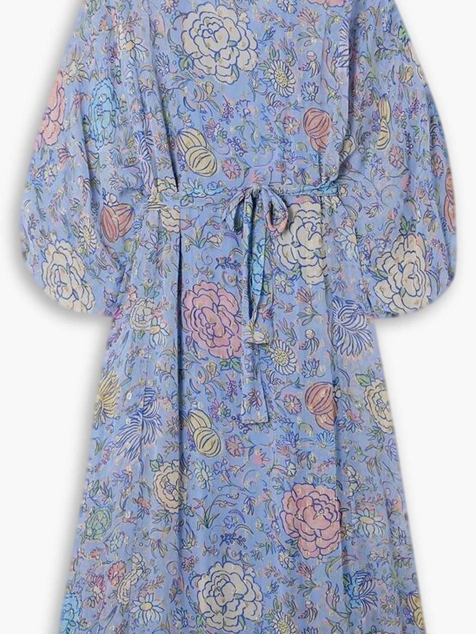 pia belted floral-print metallic fil coupé georgette midi dress