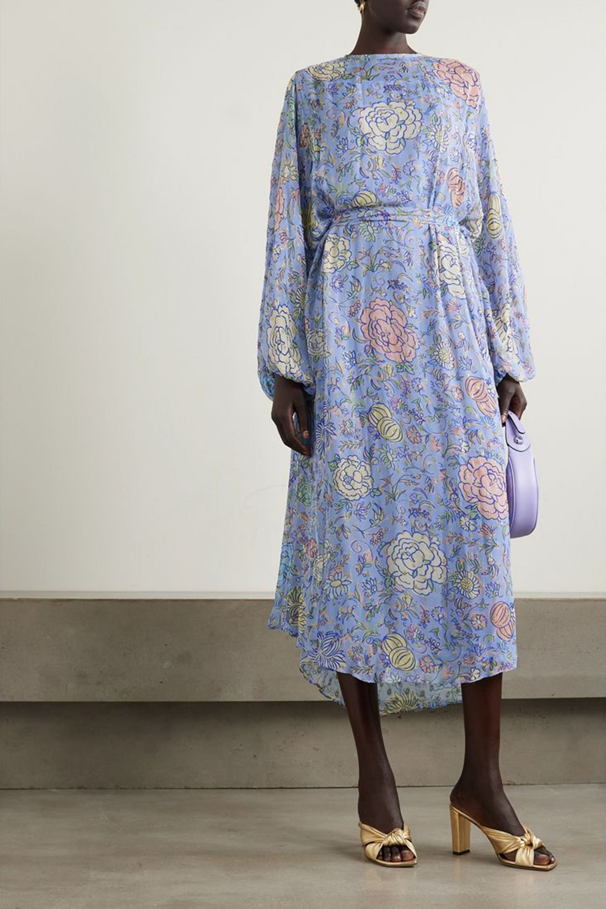 RIXO Pia belted floral-print metallic fil coupé georgette midi dress