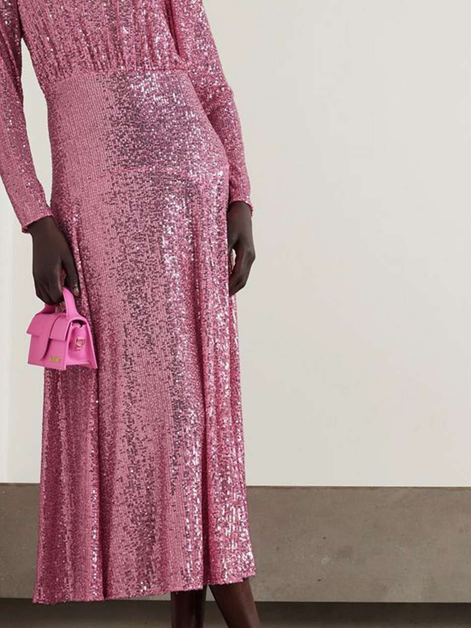 cerise gathered sequined stretch-tulle midi dress