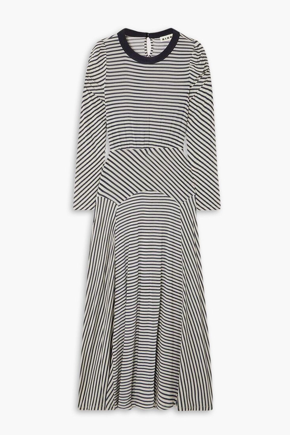 Rixo London Cerise Striped Stretch-jersey Midi Dress In Navy