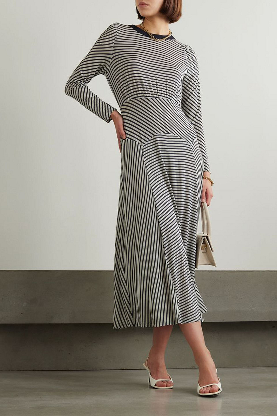 Rixo London Cerise Striped Stretch-jersey Midi Dress In Navy