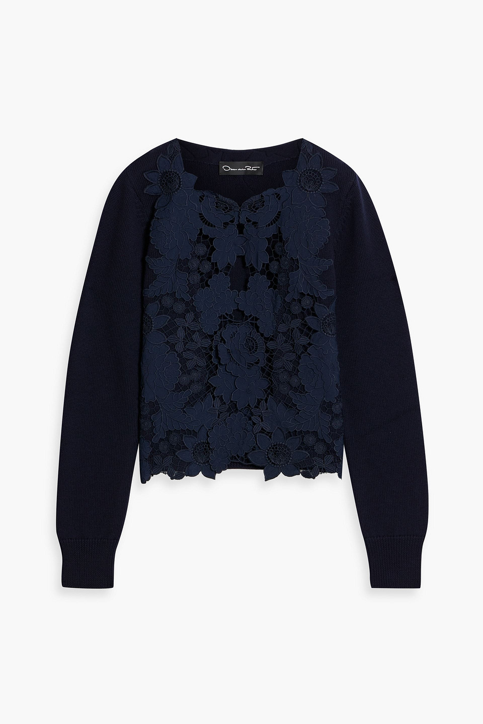 Oscar De La Renta Guipure Lace-paneled Wool Cardigan In Navy