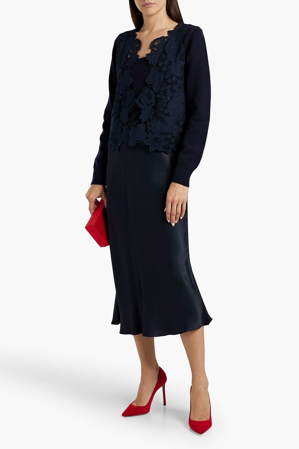 OSCAR DE LA RENTA Guipure lace-paneled wool cardigan