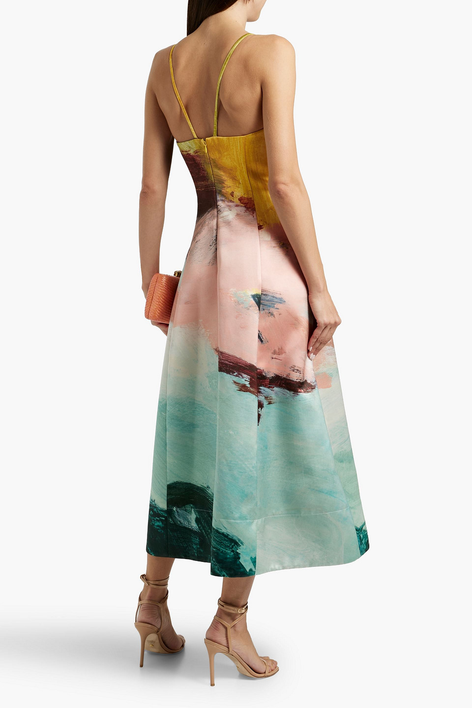 Oscar De La Renta Ballerina Strap Abstract Satin Midi Dress In Multicolor