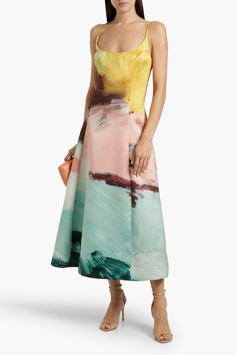Oscar De La Renta Ballerina Strap Abstract Satin Midi Dress In Multicolor