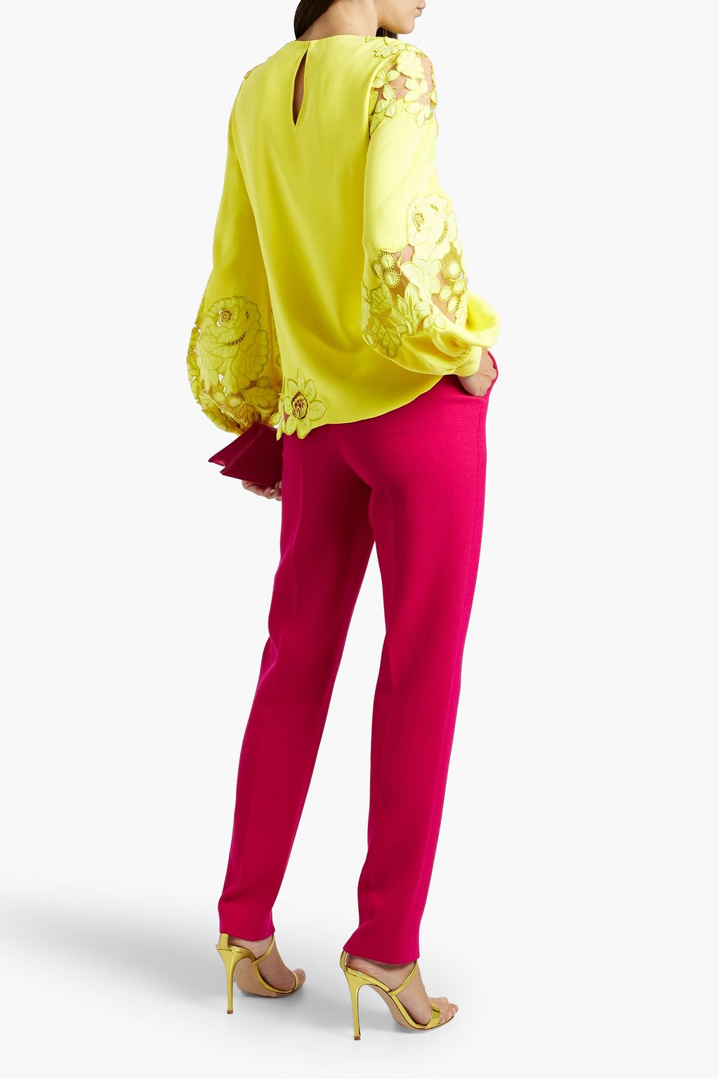 OSCAR DE LA RENTA Guipure lace-paneled stretch-silk crepe blouse