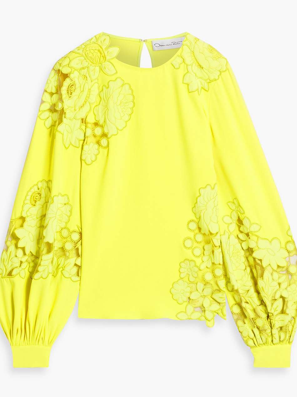 guipure lace-paneled stretch-silk crepe blouse