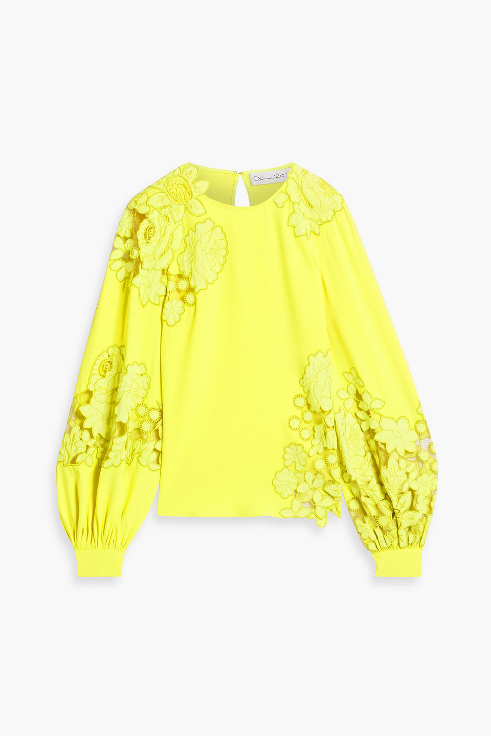 Oscar De La Renta Guipure Lace-paneled Stretch-silk Crepe Blouse In Bright Yellow