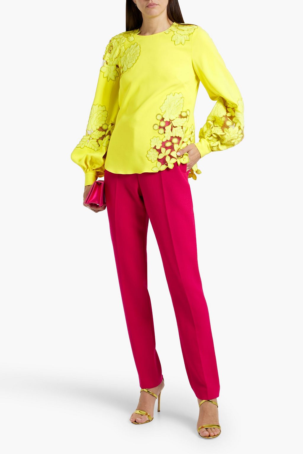 OSCAR DE LA RENTA Guipure lace-paneled stretch-silk crepe blouse