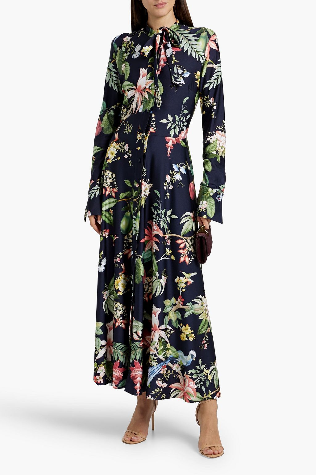 OSCAR DE LA RENTA Tie-neck printed stretch-jersey maxi dress