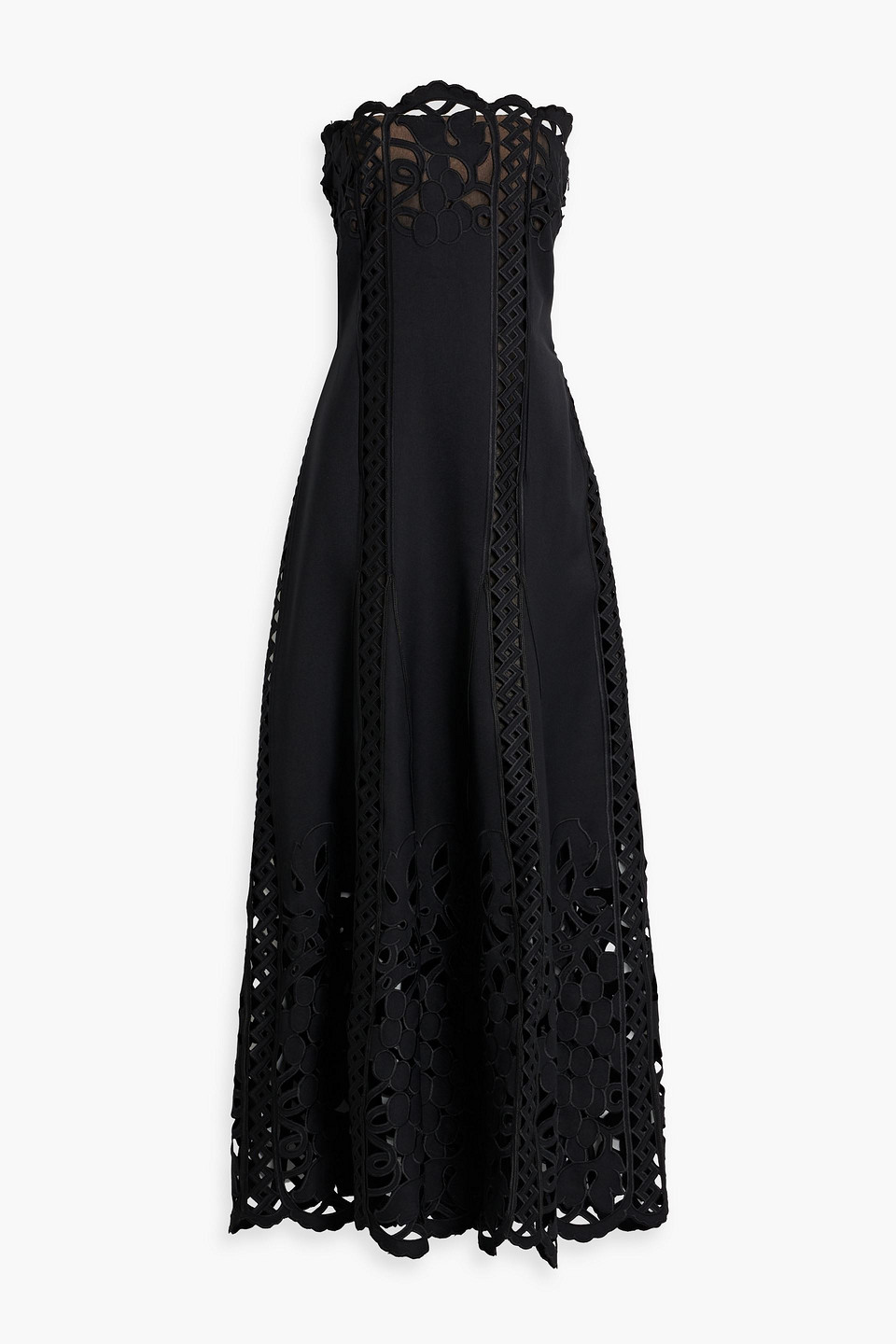 Oscar De La Renta Strapless Guipure Lace-paneled Crepe Maxi Dress In Black