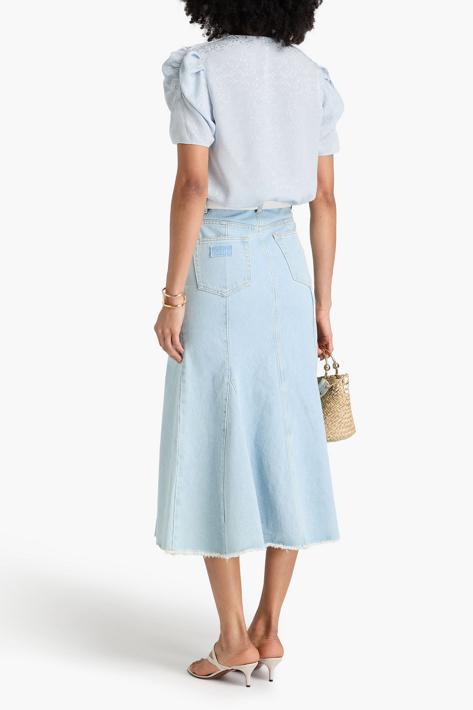 Frame Ruched Silk-jacquard Top In Light Blue