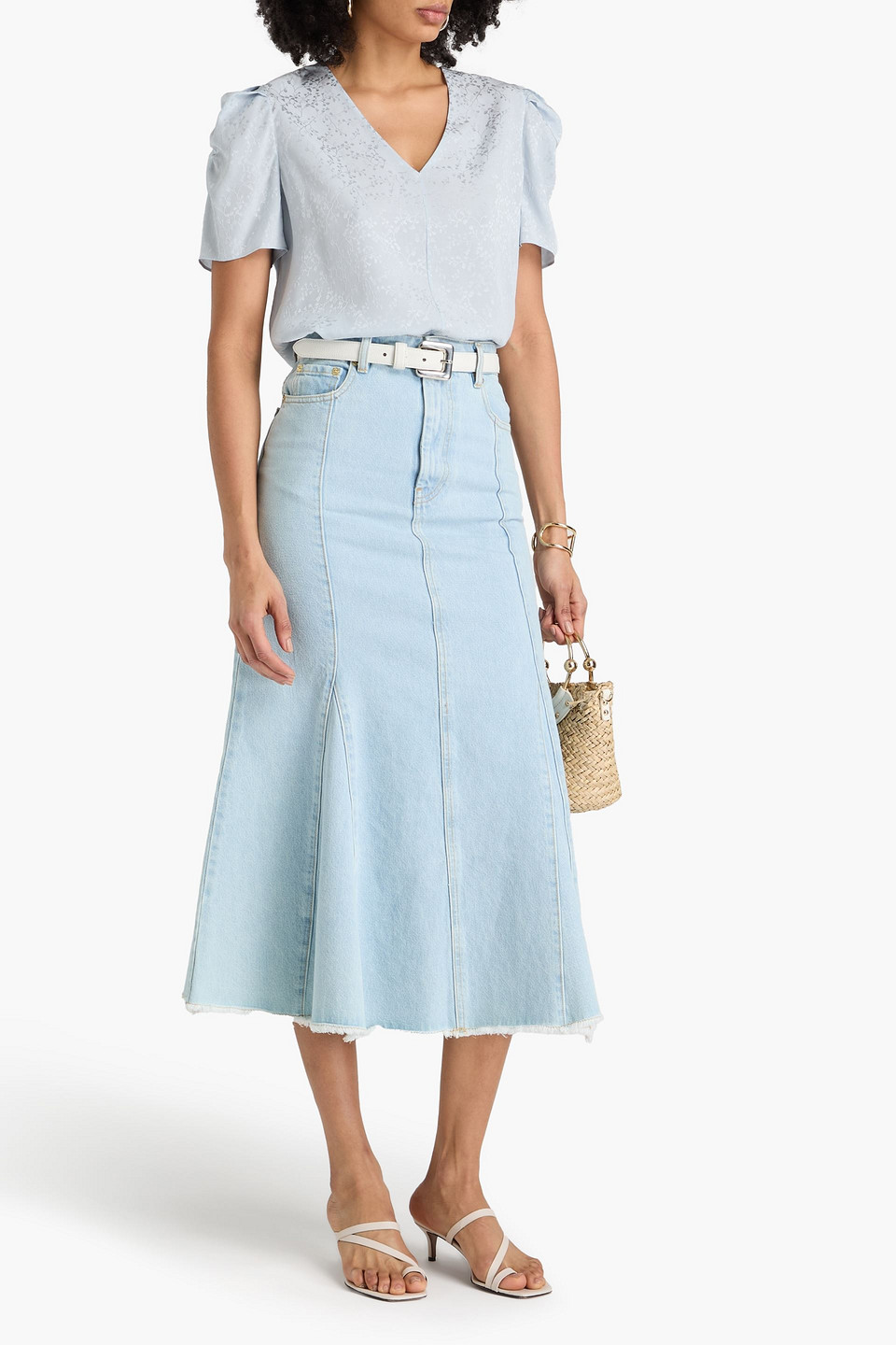Frame Ruched Silk-jacquard Top In Light Blue