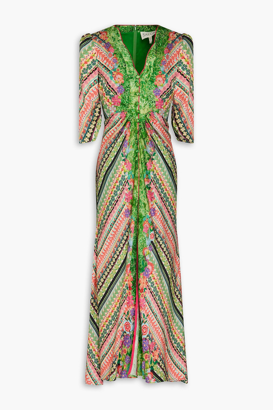 Mitsu ruched printed silk-satin jacquard maxi dress