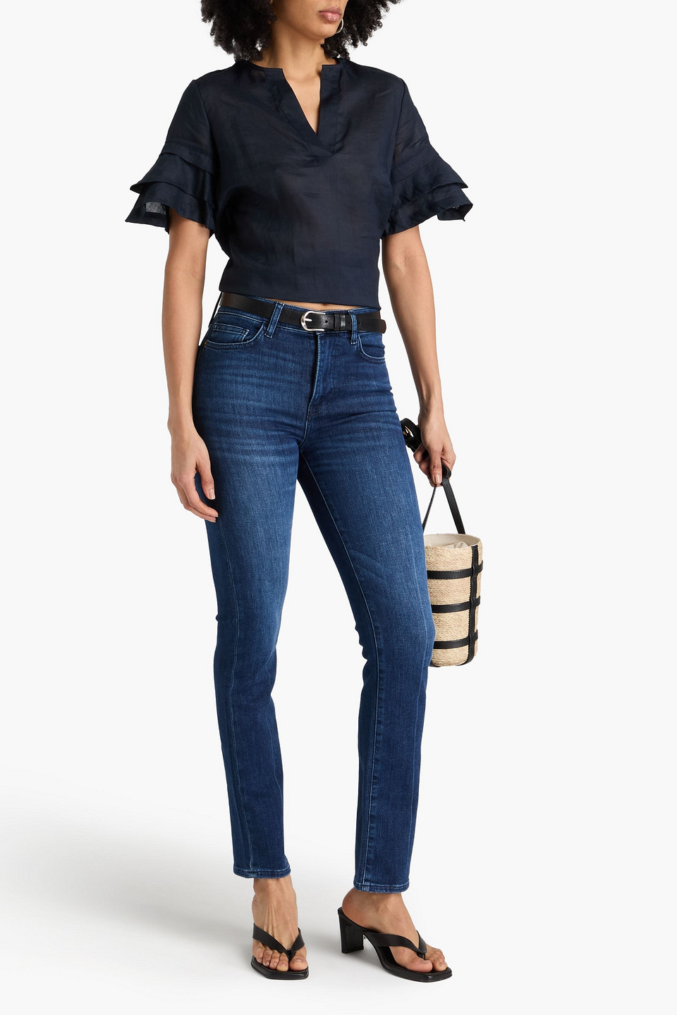 Shop Frame Le High Straight High-rise Straight-leg Jeans In Dark Denim