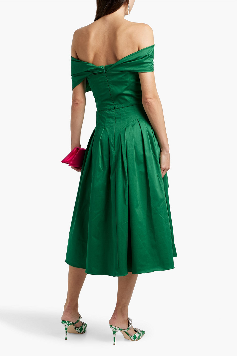 Oscar De La Renta Off-the-shoulder Silk-blend Twill Midi Dress In Green