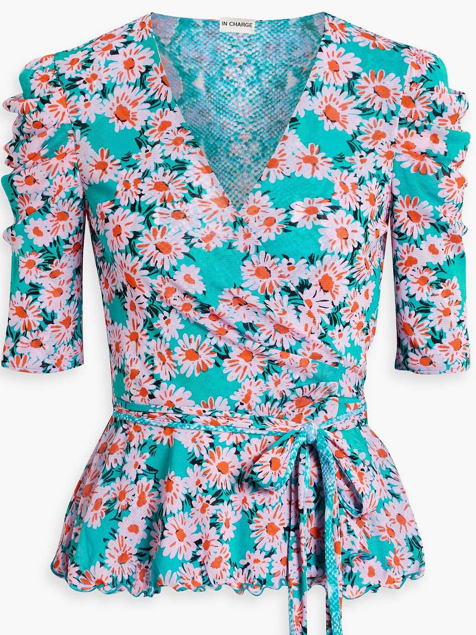siera reversible printed stretch-mesh wrap blouse