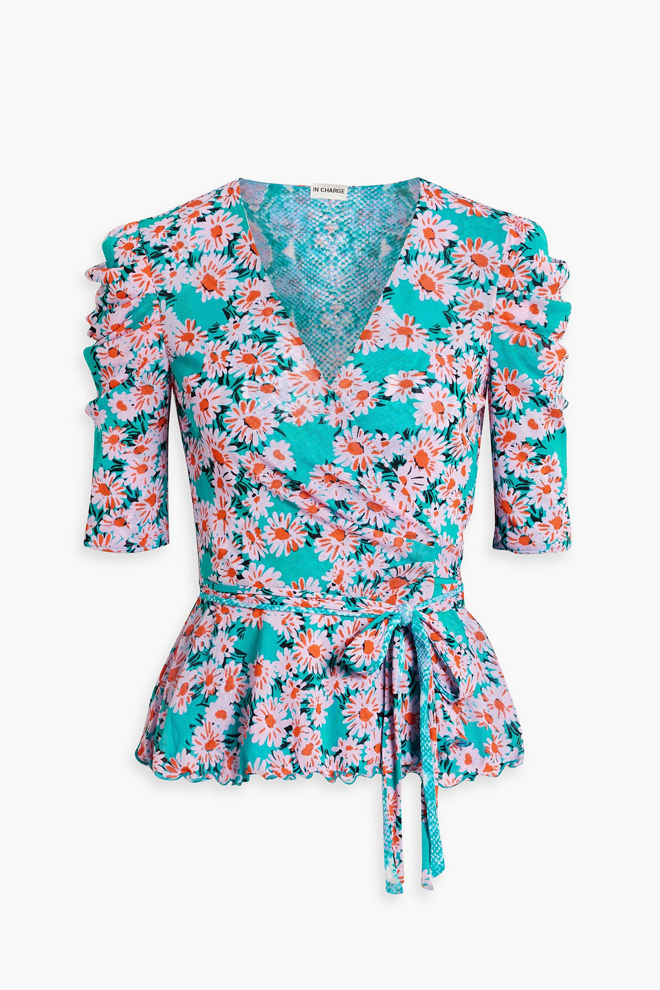 Diane Von Furstenberg Siera Reversible Printed Stretch-mesh Wrap Blouse In Turquoise
