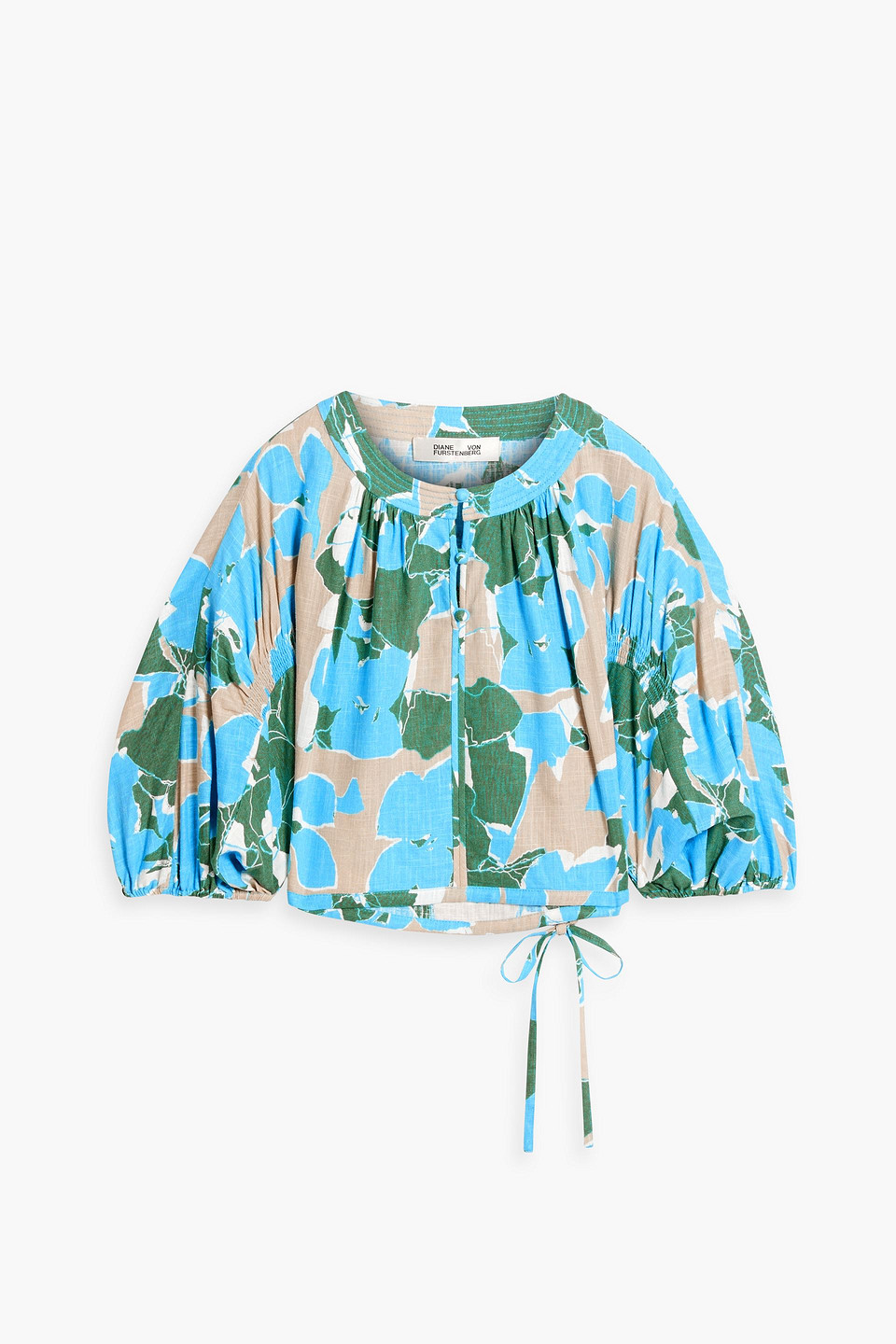 Diane Von Furstenberg Dario Cropped Floral-print Slub Woven Blouse In Light Blue