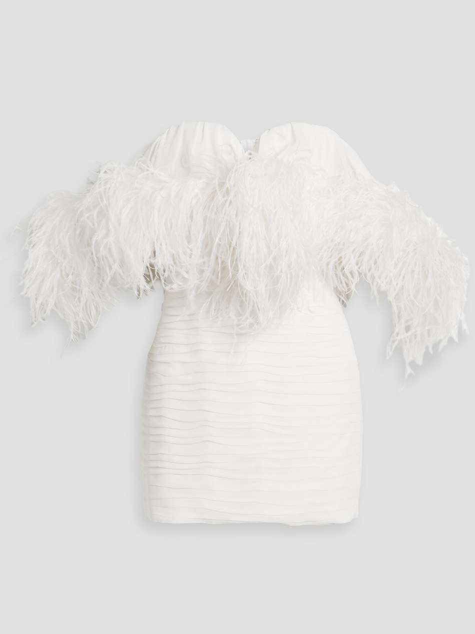 off-the-shoulder feather-trimmed silk-crepe mini dress