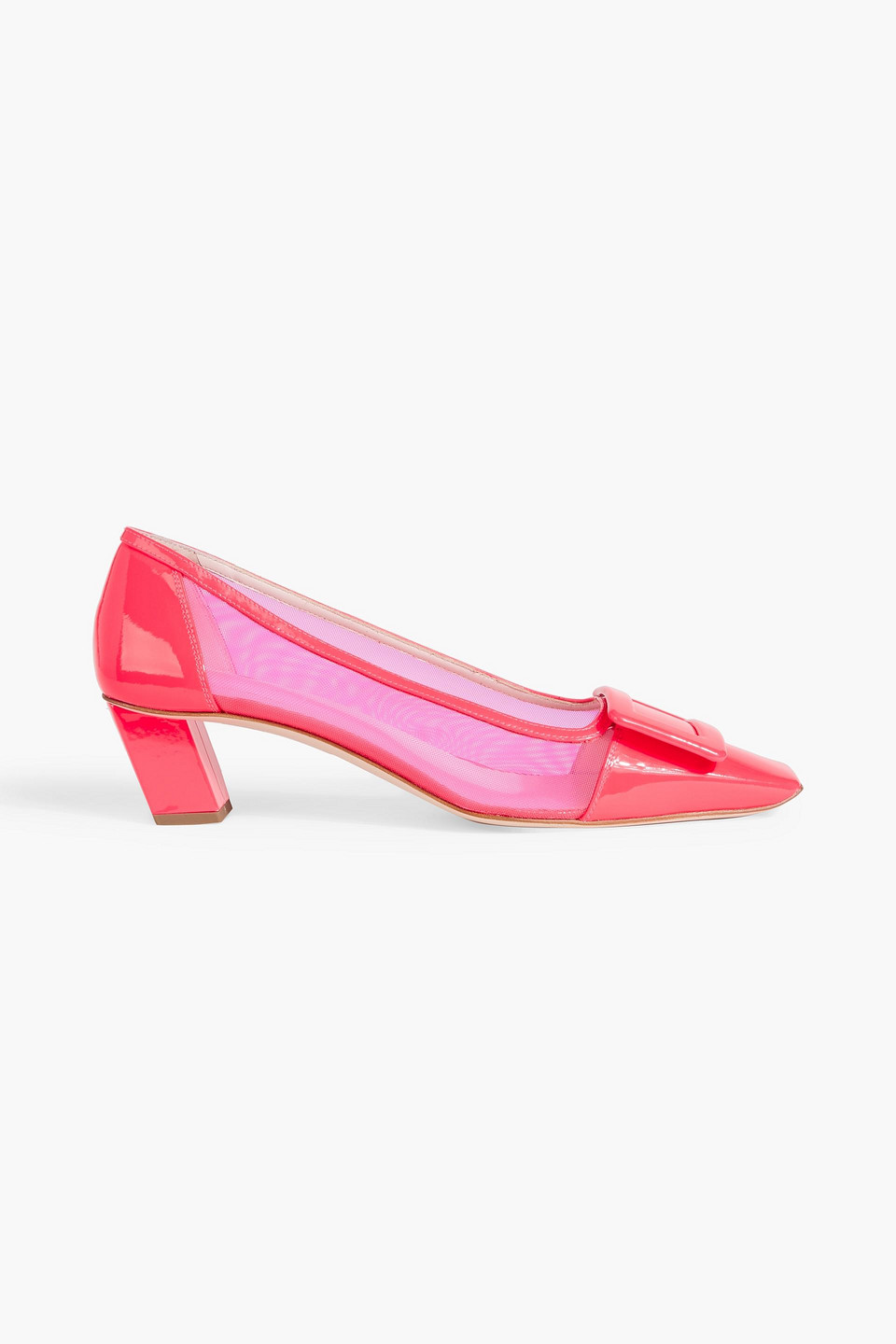 Embellished mesh and patent leather pumps