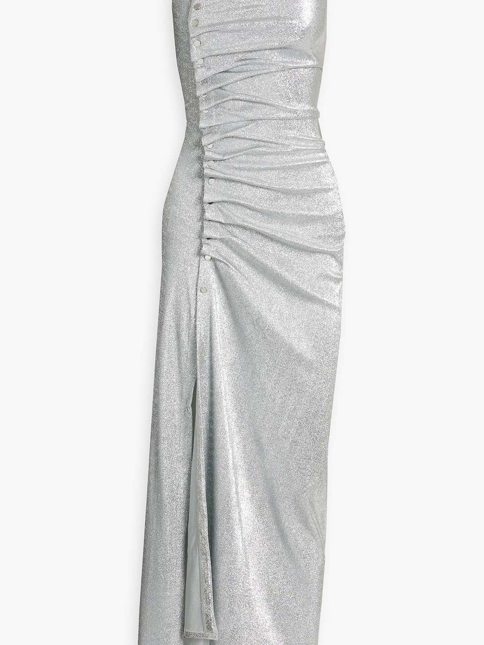 draped snap-detailed lamé maxi dress