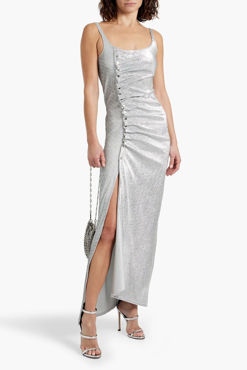 RABANNE Draped snap-detailed lamé maxi dress